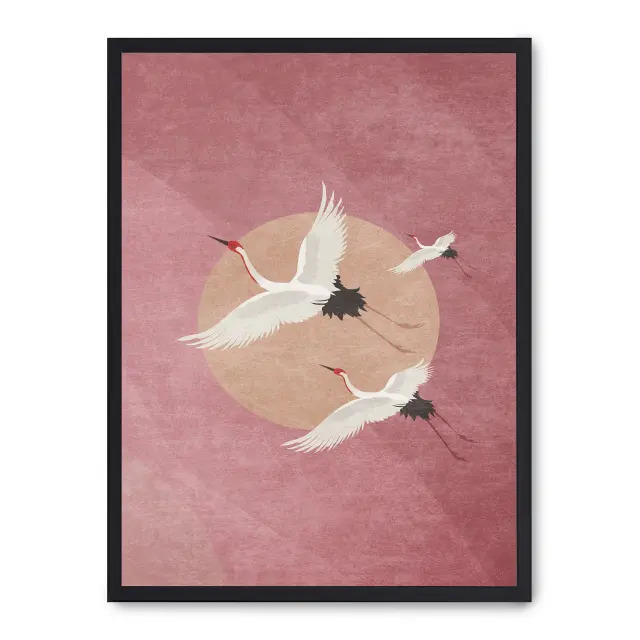 Lámina con marco negro SOARING CRANES 21x30 cm, Póster impreso en papel de primera calidad de 180gr, montado sobre marco de madera MDF acabado en negro., Arte - Japonés