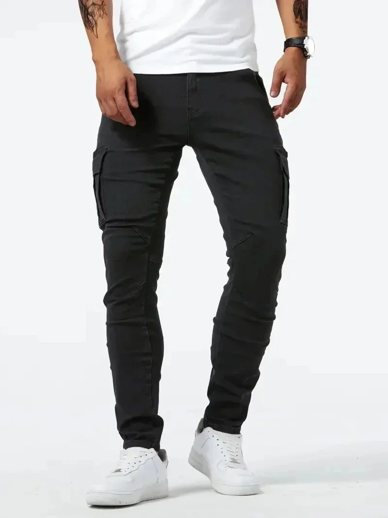TK Pantalones De Mezclilla Ajustados Para Hombre Estilo Calleje Con Múltiples Bolsillos Y Cierre De Cremallera Jeans De Color Sólido Casual Para Uso Diario