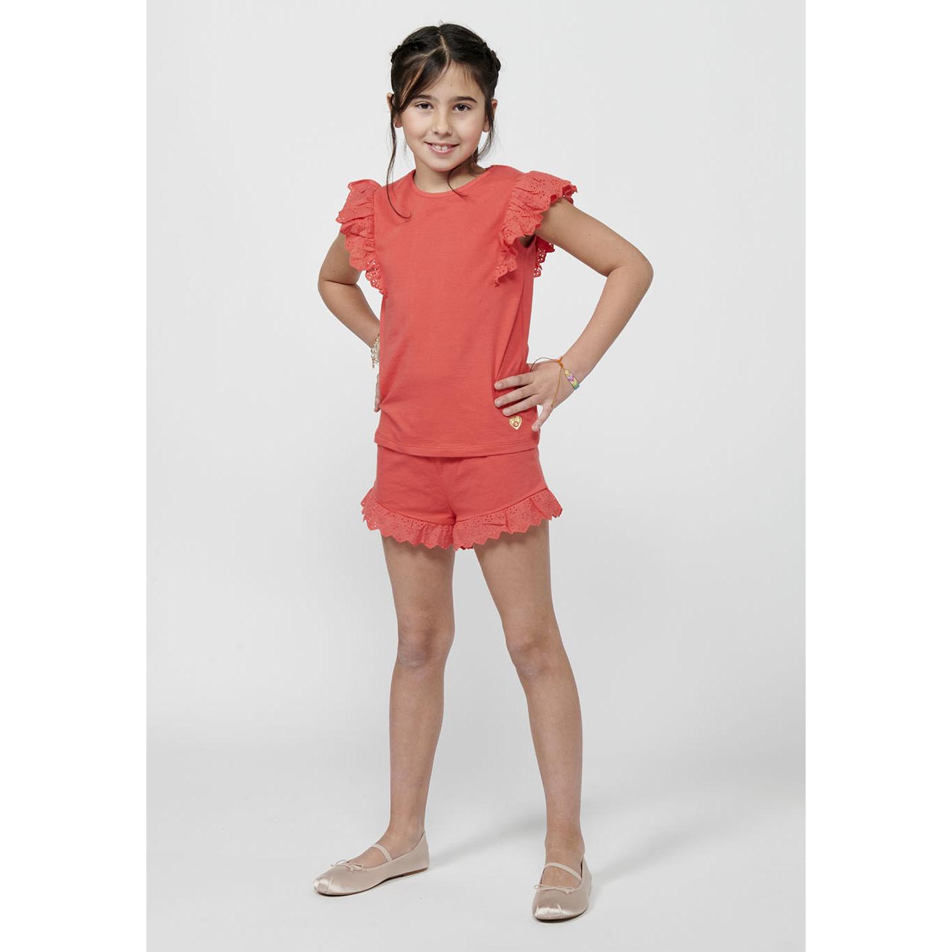Koroshi - Conjunto camiseta sin mangas y short con volantes para niña, 95% algodón y 5% elastano, color coral, tallas 4 a 10 años