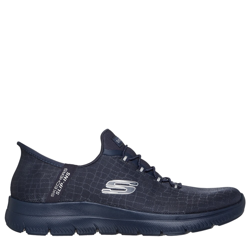 Cómoda  Zapatilla mujer Skechers SLIP-INS SUMMITS CLASSY NIGHT cómodo tejido azul Strech Fit. Diseño para calzar sin manos Heel Pillow. Plantilla amortiguadora Memory Foam Altura Tacón bajo (1-3 cm) Referencia 150128-DKNV