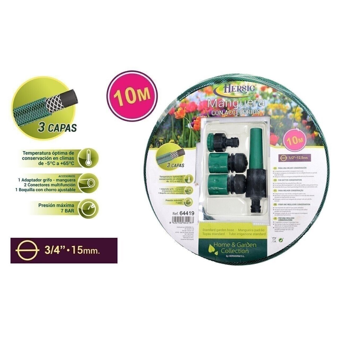 HERSIG Manguera de jardín de 10 metros Diámetro del tubo interior  5/8" de diámetro/MANGUERA 10 Metros Diámetro del tubo interior 3/4 /MANGUERA 15 Metros Diámetro del tubo interior 3/4 a elegir. tubo resistente, estable y fácil de manejar.