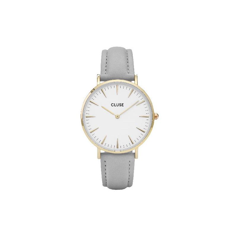 Reloj Cluse Mujer Caja Chapado Amarillo 38mm Correa Gris Esfera Blanca