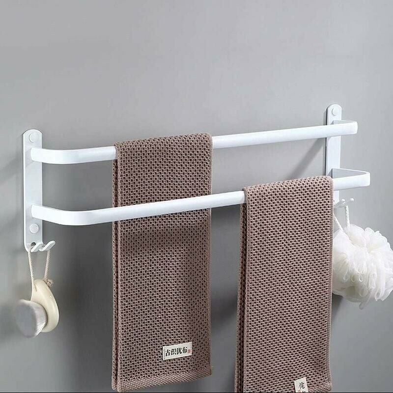 Toallero blanco montado en la pared, toallero multicapa con ganchos, toallero espacial de aluminio para baño, cocina de hotel, estilo contemporáneo, 2 capas, 50 cm