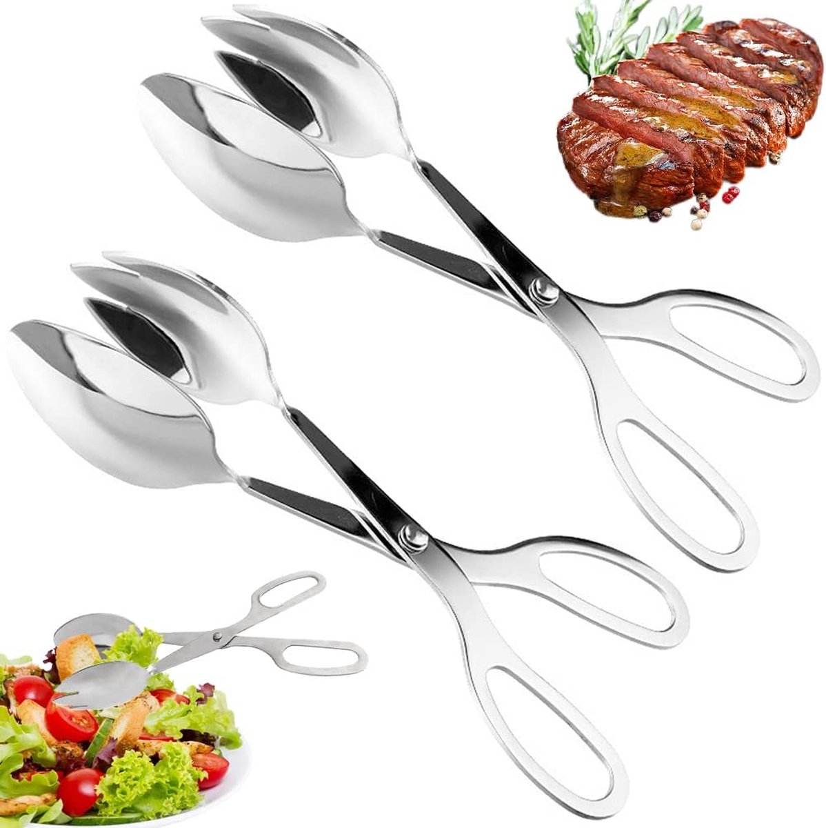 Pinzas para buffet (2 piezas, 25 cm) - Pinzas de acero inoxidable para ensaladas - Pinzas para servir alimentos - Pinzas metálicas para pasteles, ensaladas, barbacoas, mariscos, cocina, fiestas - Pinzas de cocina - Pinzas para barbacoa