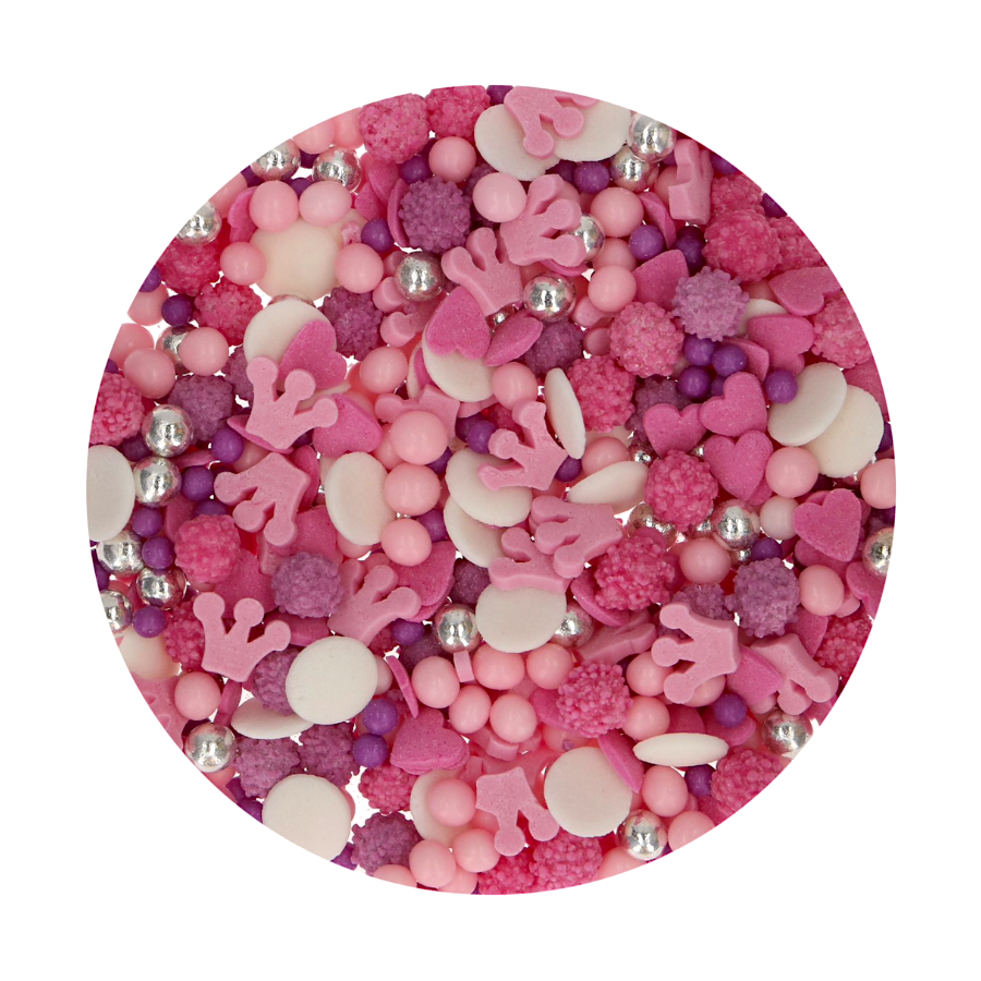 SPRINKLES FUNCAKES - PRINCESAS 180 G - Coronas Rosas - Bolitas con Relieve Rosas - Lilas Corazones Rosas - Perlas Lilas - Rosas y Plateadas - Ingredientes Especiales