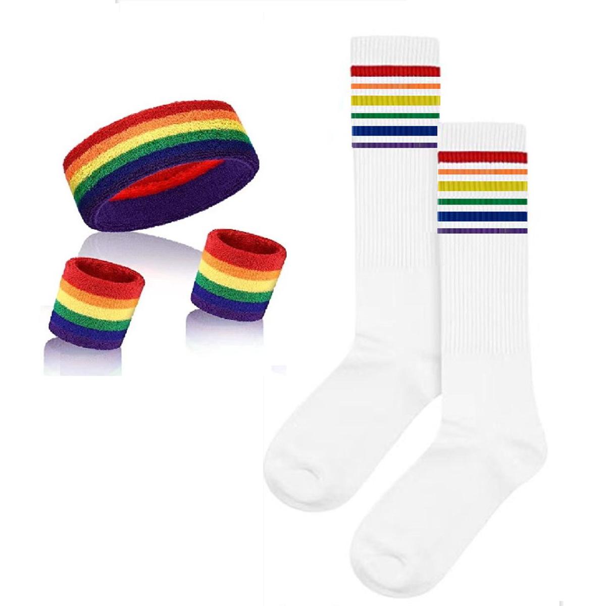 5-delige gestreepte zweetband en sokkenset, gestreepte zweetbandjes met hoofdband, gestreepte hoge sokken voor heren, dames, sport en feesten,regenboog