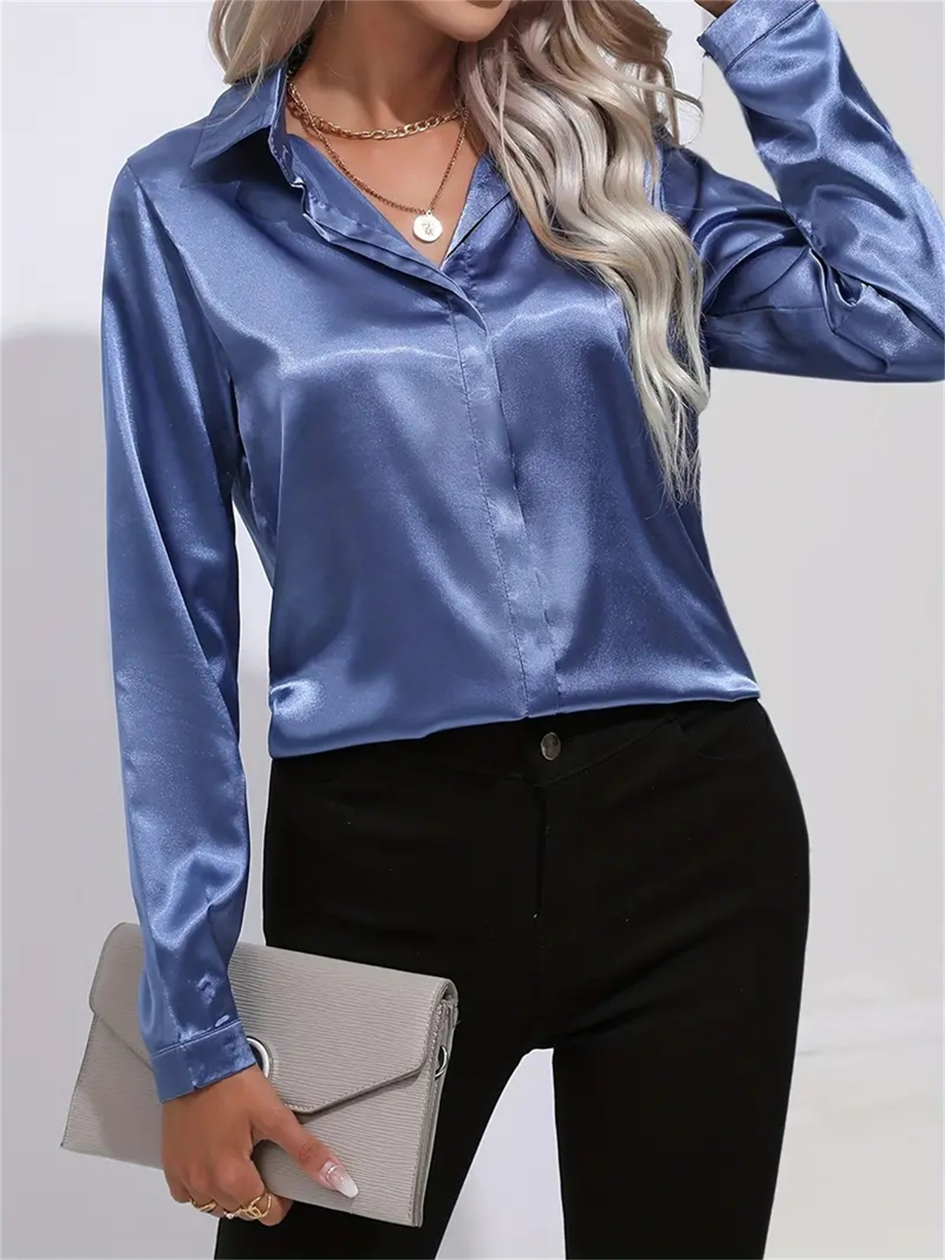 TK Blusa De Satén Elegante Para Mujer Con Cuello Enrollado Y Botón Sólido De Manga Larga Para Oficina Ropa Trabaja De Diario