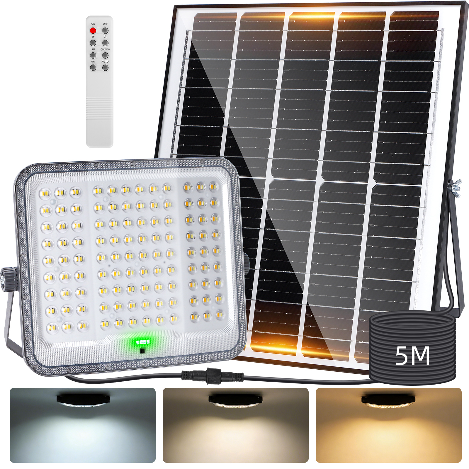 Aigostar - Foco proyector LED con gran panel solar,150W,10000mAH,Batería de gran capacidad.regulable 3000/4000/6500K.1500lm,Uso interior/exterior IP65:Porches,Jardín,Camino,Piscina,Cable de 5m