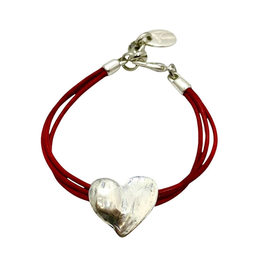 Pulsera corazón cuero rojo plata chapado