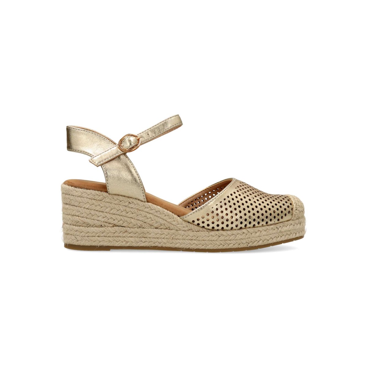Vanessa Calzados - Alpargata valenciana VANESSA metalizada de piel sintética troquelada con suela de yute y goma, cuña de 6 cm, color oro para looks veraniegos y ferias