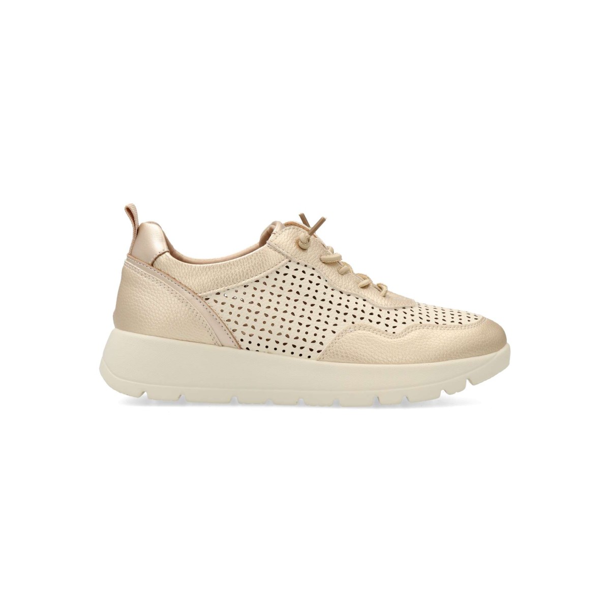 Vanessa Calzados - Zapatillas sneakers casual troquelado para mujer, de piel sintética, con plantilla acolchada y extraíble, color beige-oro, diseño versátil y transpirable