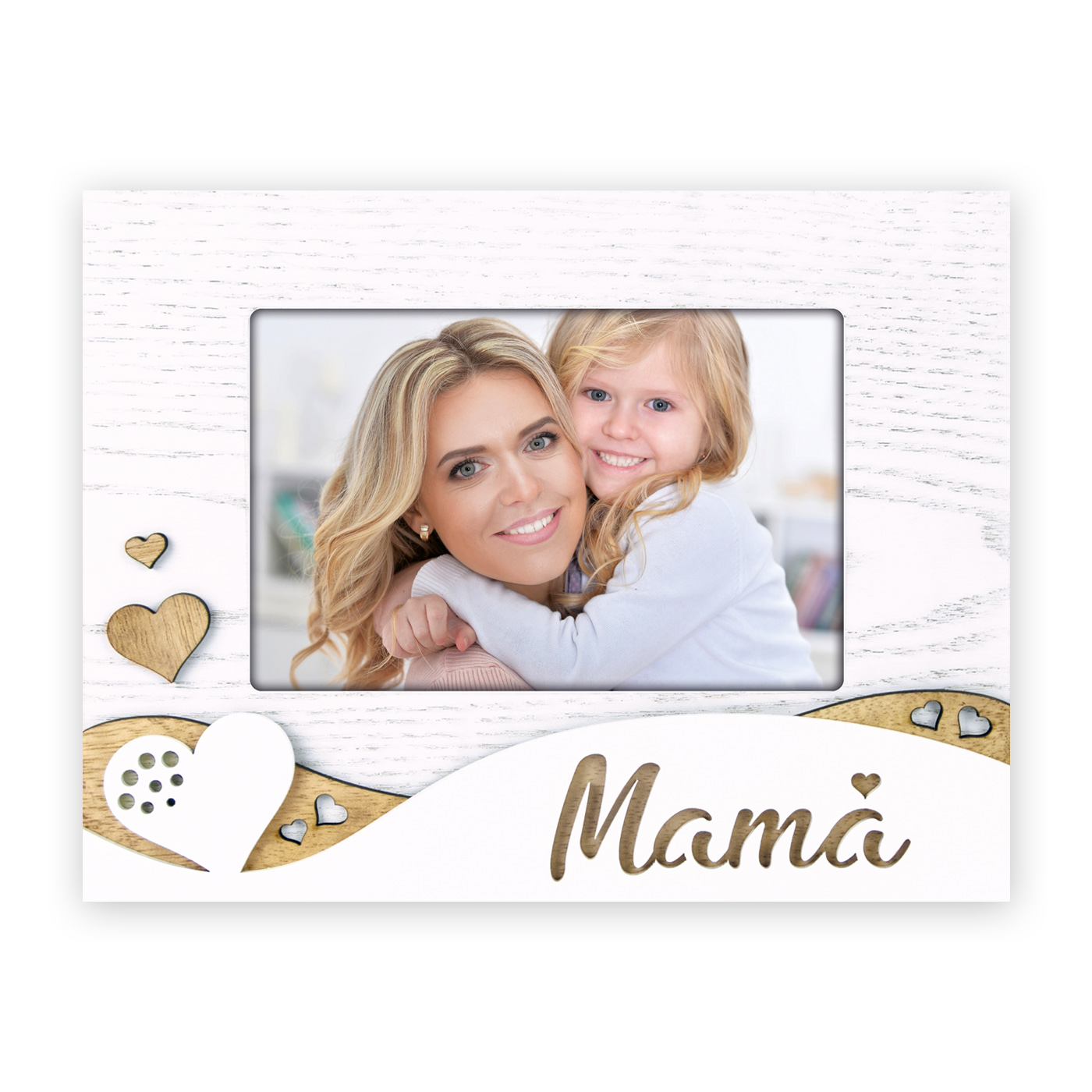 Zep Marco Portafotos en Madera Blanca para Mamá 10x15 con Decoraciones en Relieve en Forma de Corazones
