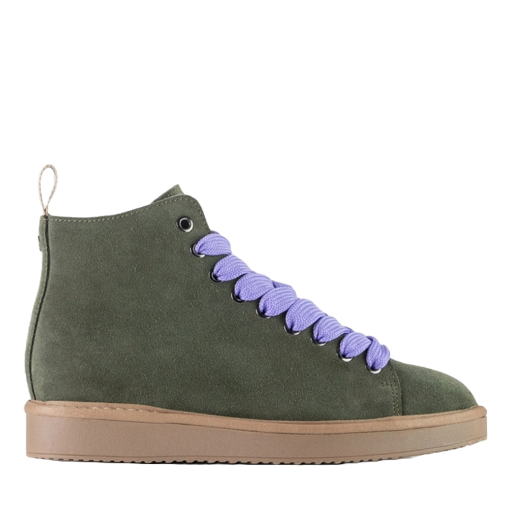 Cómoda Moda italiana artesana para mujer, deportivo abotinado de Panchic línea P01 nubuck kaki y cordones gruesos lila. Forro cálido. Cómodo piso ligero y flexible Altura Tacón bajo (1-3 cm) Referencia P01W007-332074
