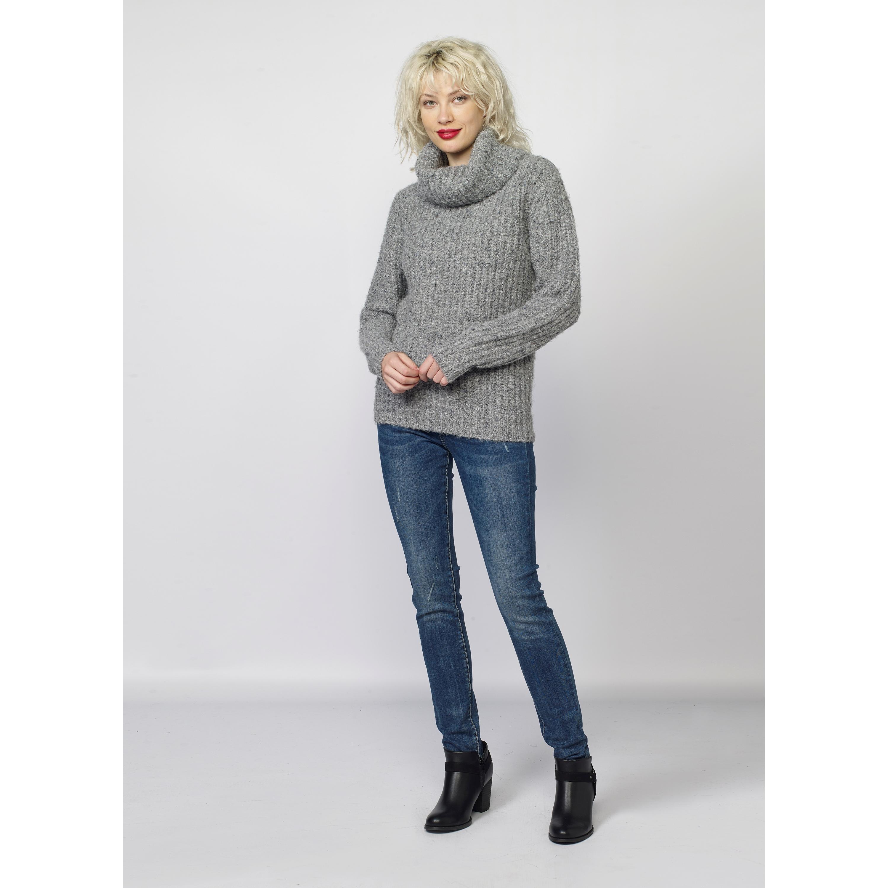 Koroshi - Jersey de punto mujer canalé jaspeado con cuello vuelto amplio, grueso y cálido en poliamida y acrílico para invierno
