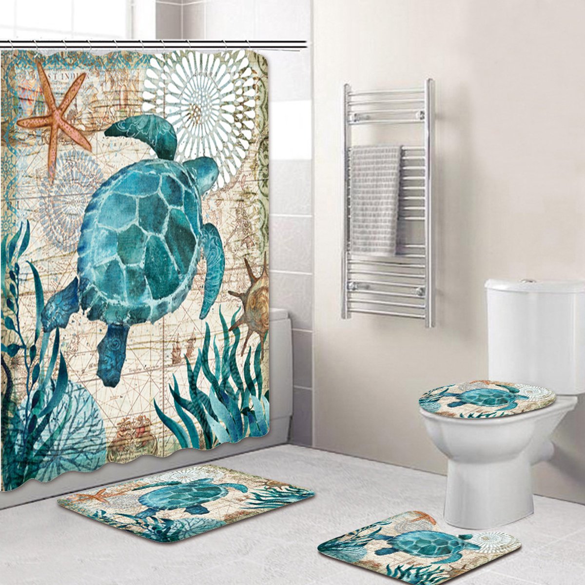 Juego de cortina de ducha con tortugas marinas, alfombrillas antideslizantes, funda para inodoro y alfombrilla de baño, cortinas de ducha náuticas con 12 ganchos, cortina de baño resistente al agua.