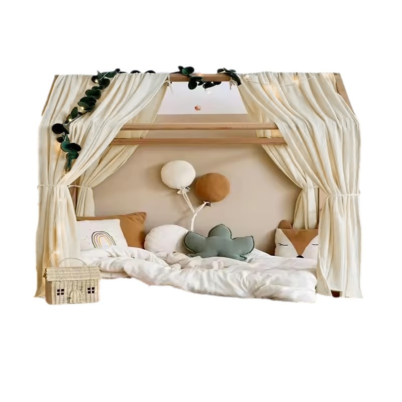 OmHO Cortina de cama de estilo nórdico popular de ins, cortina de cama opaca de crepé de algodón puro de doble capa para cama de niños, cortina para cama de bebé