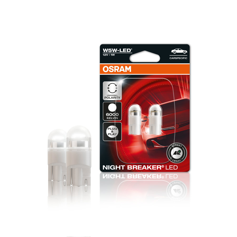 OSRAM NIGHT BREAKER LED W5W - 6.000K, primera lámpara de repuesto LED W5W HOMOLOGADA para uso en la vía pública, luz de estacionamiento LED