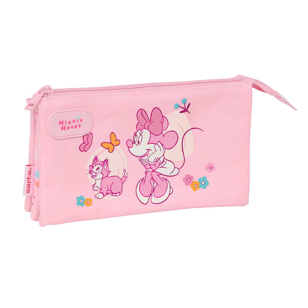 SAFTA | Portatodo Triple Disney Minnie Mouse Organizador Escolar Infantil 3 Compartimentos con Cremallera y Bolsillo Interior Central 22 x 12 x 3 Cm, Estuche para Lápices y Rotuladores, Licencia Oficial Disney