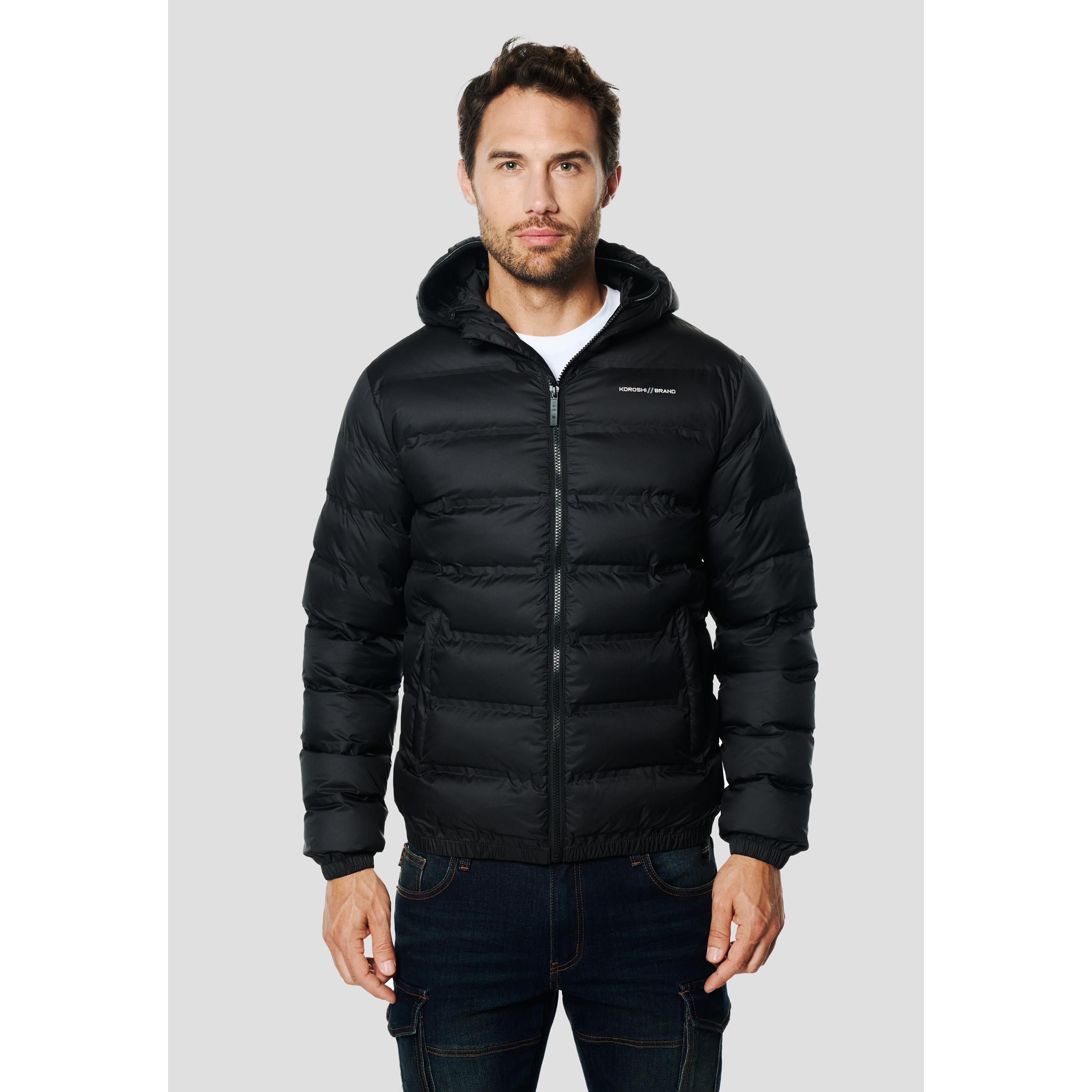 Koroshi - Chaqueta acolchada tipo plumífero para hombre con capucha integrada, tejido técnico 100 % poliéster cortavientos y resistente al agua, vegano sin plumas
