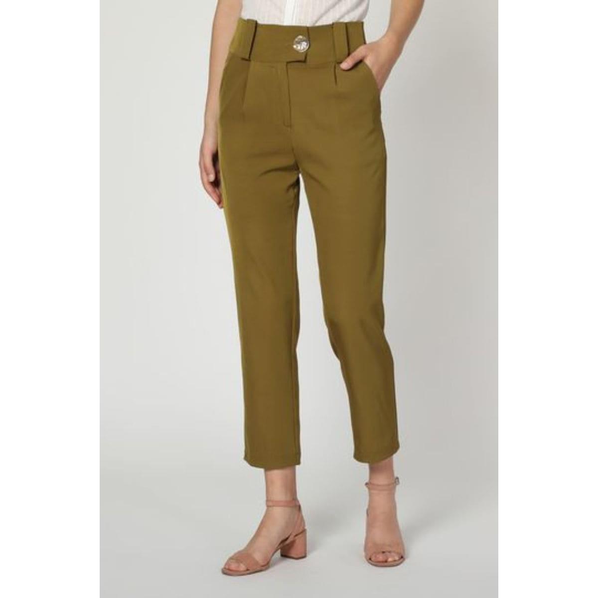 Pantalón mujer skinny crop algodón moda elegante casual bolsillos laterales tiro alto cinturilla trabillas botón decorativo color verde oliva talla 36 ✅Entrega 24/48h