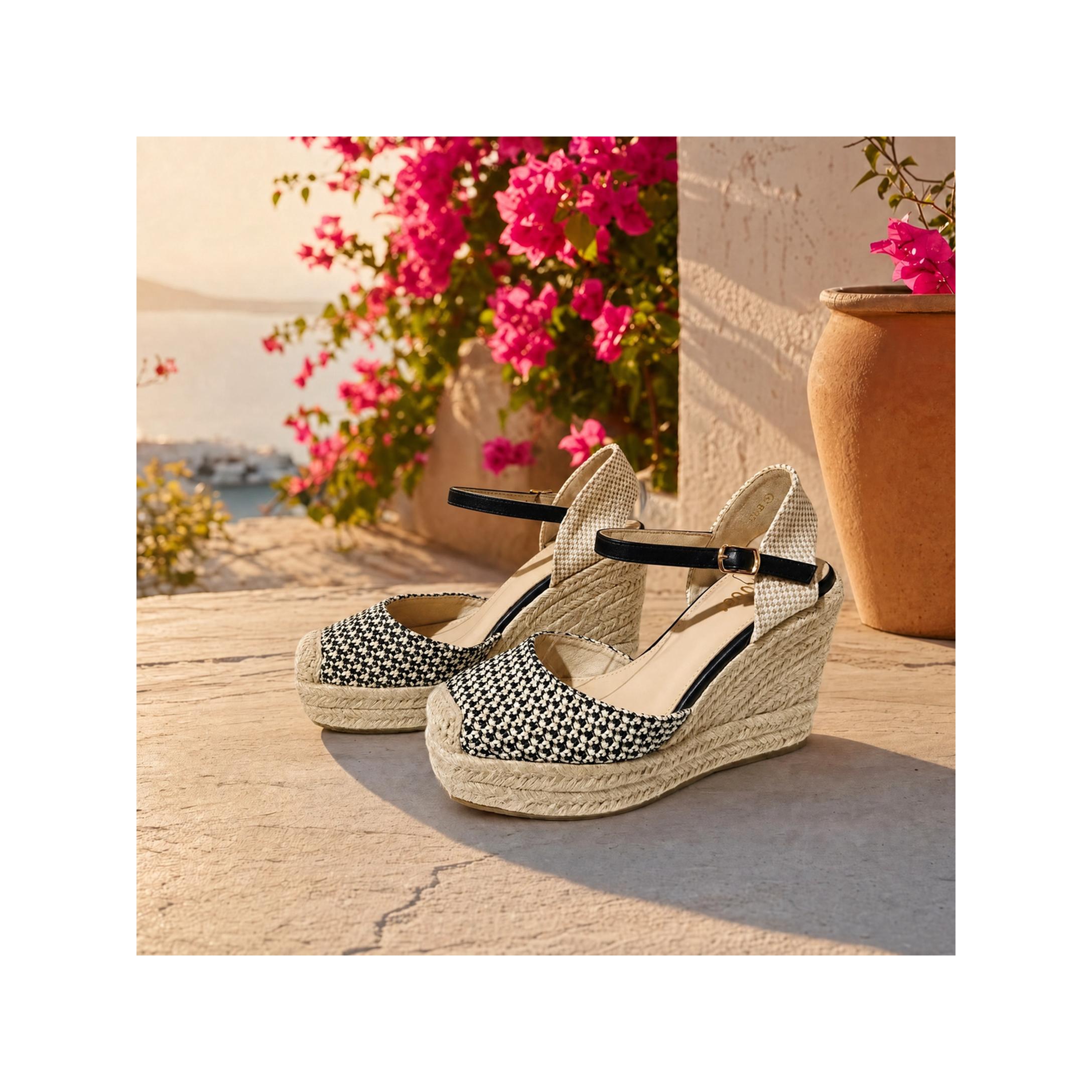 Sandalias de Cuña de Esparto en Blanco y Negro para Mujer | Alpargatas de Yute con Cierre de Pulsera Elegantes Estilo Bicolor – Nueva Temporada | Sandalias de Plataforma de Yute Elegantes para Invitada y Eventos