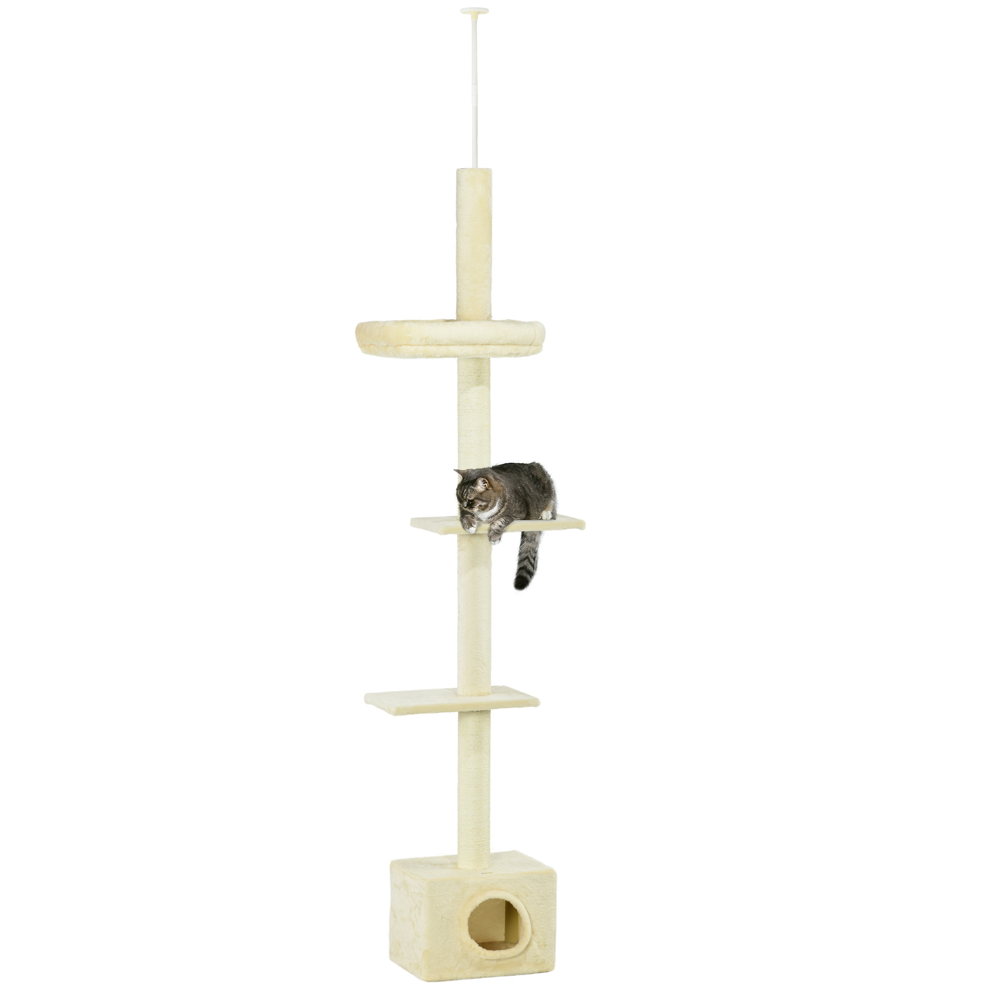 PawHut Árbol para gatos de altura ajustable de 230 a 260 cm, torre de juego para gatos, poste rascador con 4 niveles de actividad y nido de felpa en color beige
