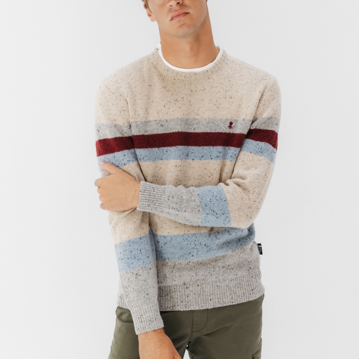 Jersey Punto Jaspeado Rayas Combinadas, Marca El Pulpo, Color Blanco Roto, Talla L, Para Hombre