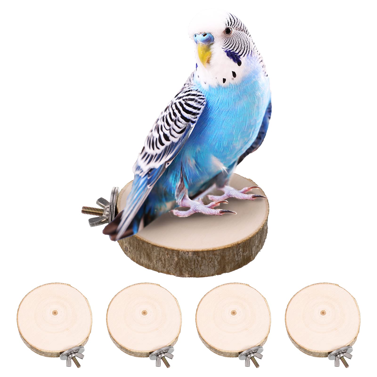 TK Paquete de 4 plataformas de percha para pájaros, juguetes para loros, jaulas de madera redondas para periquitos, cacatúas, pinzones y periquitos pequeños.