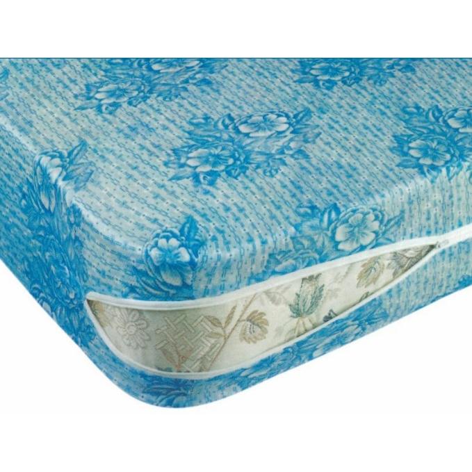 FUNDA COLCHON modelo AZAHAR de tejido de punto elástico ajustable color azul con estampado de flores blancas. Disponible en varias medidas.