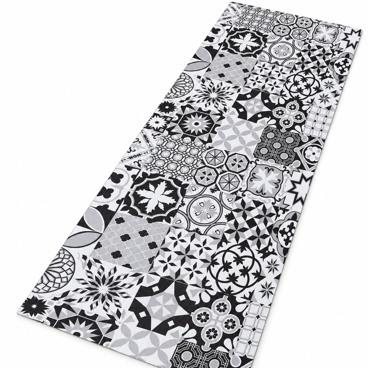 Alfombra vinílica pasillera antideslizante con diseño patchwork de baldosas en blanco y negro, con base antideslizante, resistente y fácil de limpiar, ideal para cocina, pasillo o entrada