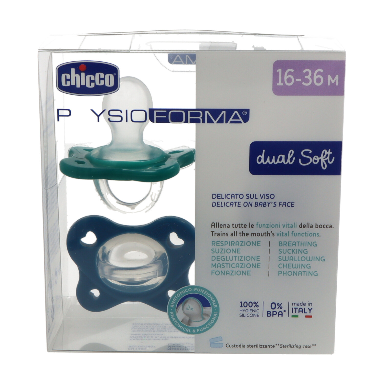 Chicco Chupete Silicona Physioforma Dual Soft 16-36 Meses Azul 2ud
