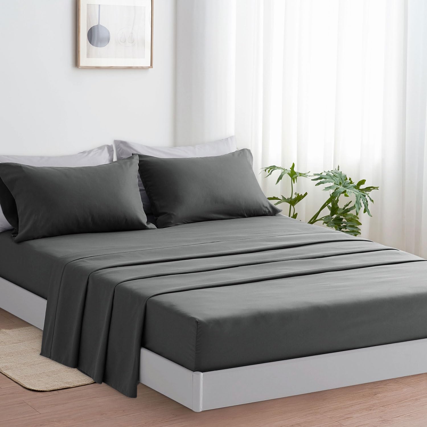 SNOWDVANCE Juego de Cama Liso 3/4 Piezas – Sábana Bajera, Encimera y Funda/s de Almohada – Para Camas de 90/135/150/180 cm – 100% Poliéster Suave, Transpirable y Lavable – Disponible en 10 Colores Modernos y Elegantes