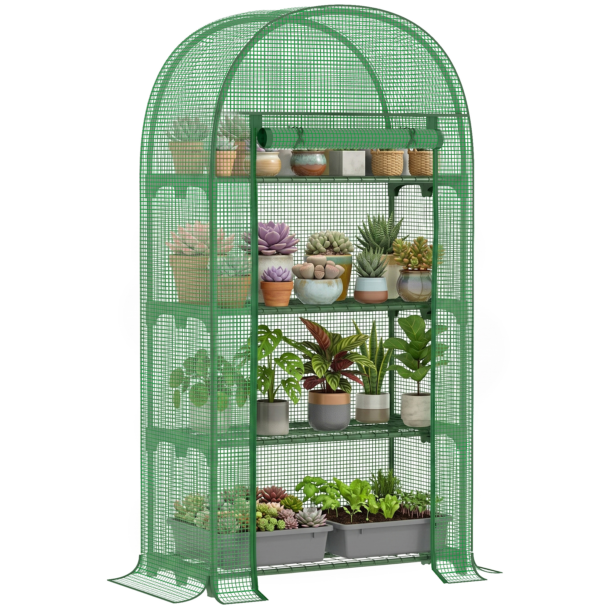 Outsunny Invernadero de Exterior Invernadero Pequeño con 4 Estantes Puerta Enrollable con Cremallera Cubierta de PE 140g/m² y Marco Metálico para Cultivos Plantas Flores 80x49x160 cm Verde