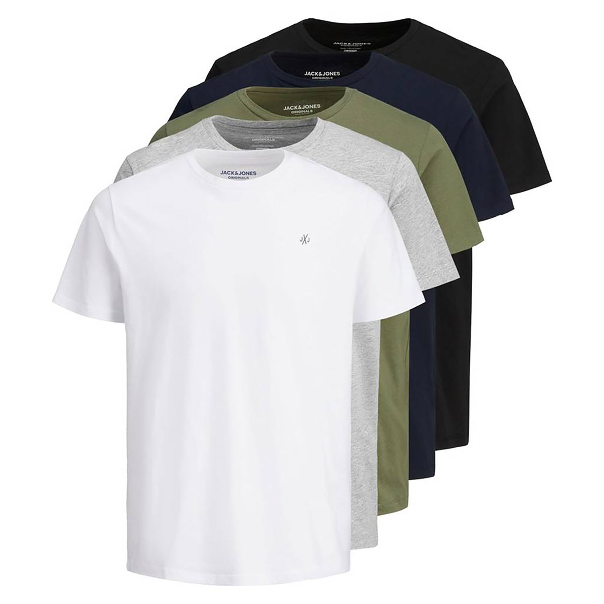 Jack & Jones Camiseta para Hombre, Paquete de 5 - JORJXJ, Camiseta, Manga corta, Cuello Redondo, algodón, Logotipo, color sólido. JORJXJ