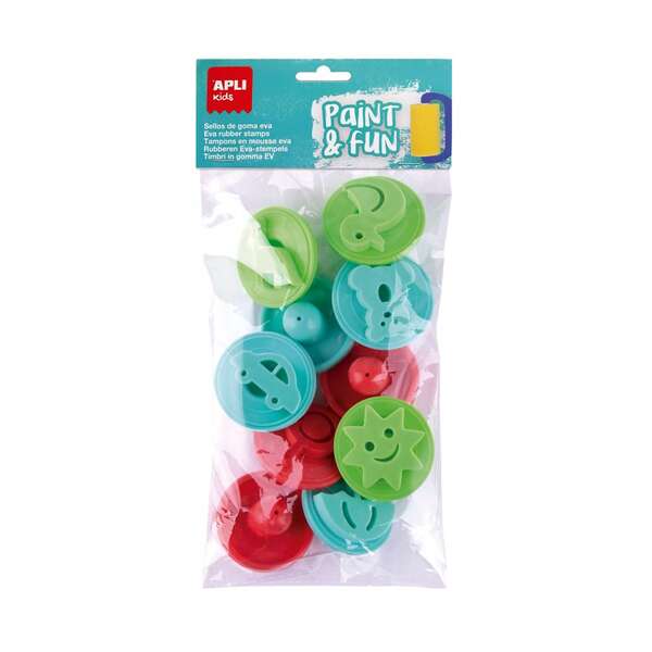 Apli kids paint & fun pack de 10 sellos de goma eva para estampacion - con mango de plastico - formas y colores surtidos