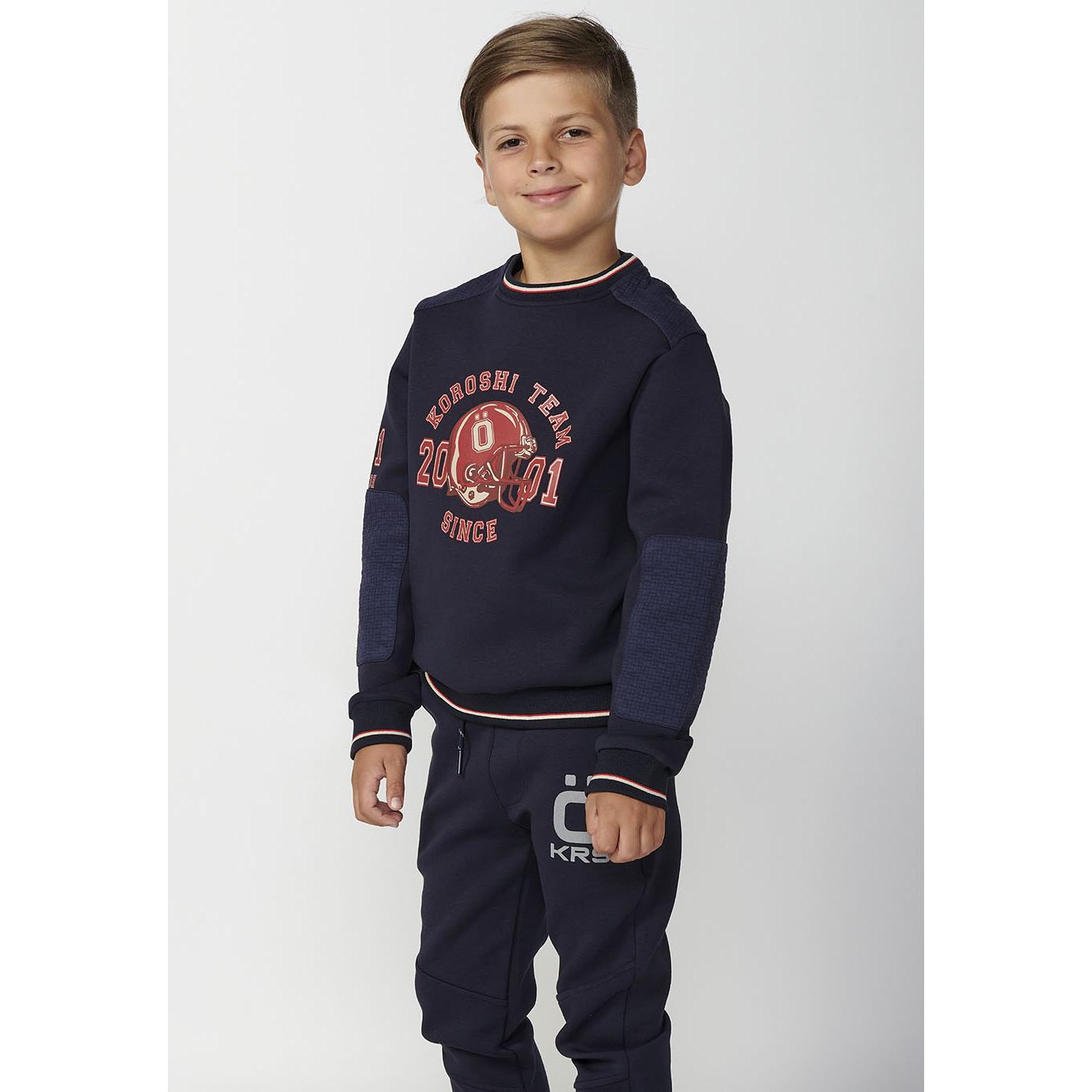 Koroshi - Sudadera para niño cuello redondo con estampado delantero, de algodón 74%, poliéster y elastano, color azul navy, talla 4 a 10 años