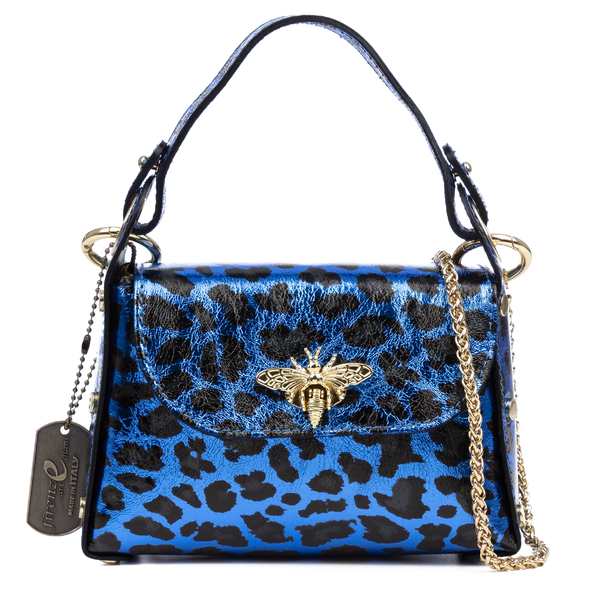 FIRENZE ARTEGIANI Aquileia bolso de mano mujer. Piel auténtica Gamuza con estampado animal print leopardo lacada brillante. Fabricado en Italia 19x7x13 Cm. Color: Leopardo