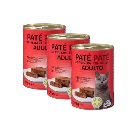 Pack 3 Paté con Ternera para Gatos Adultos de DeliKuit - 3 x 395g
