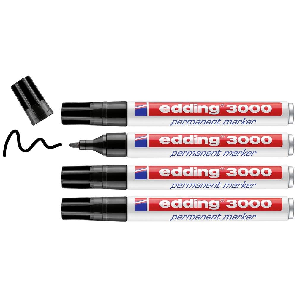 edding 3000 marcador permanente - negro - 4 rotuladores - punta redonda 1,5-3 mm - indeleble de secado rápido - resistente al agua y a los borrones - cartón, plástico, madera, metal, tela - universal