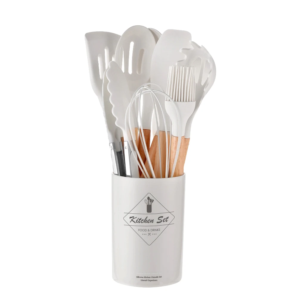 OmHom Set De Utensilios De Cocina Ecológicos De Silicona No Adherente Con Mango De Madera 12 Piezas Incluye Espátula Shovel Batidores De Huevo Herramientas De Cocina