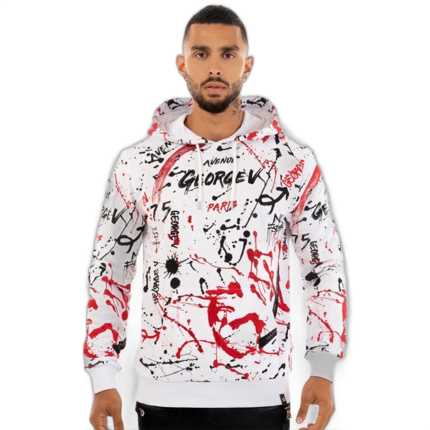Sudadera George V Paris Urban Street Blanco y Rojo Hombre Moderno, Ropa casual 90% Algodón, 10% Elastano