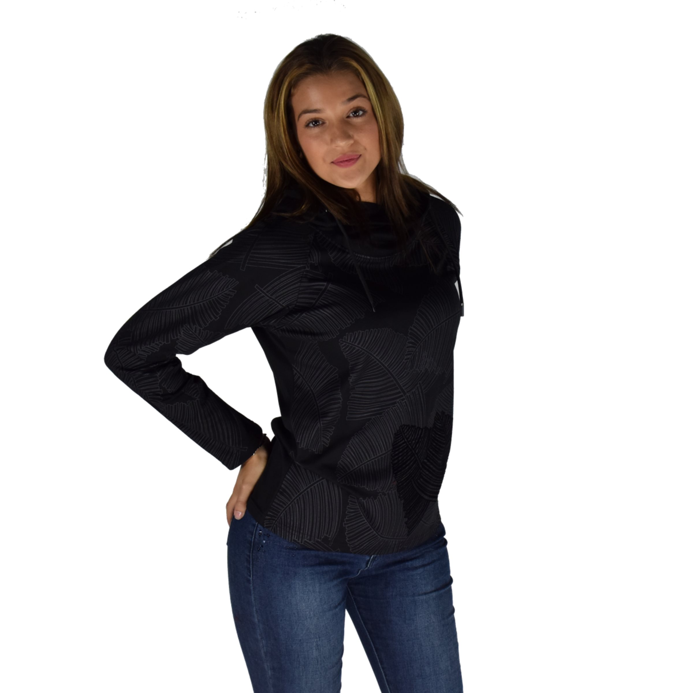 Koroshi - Camiseta manga larga mujer con estampado flock de hojas, escote semicruzado ajustable y tejido elástico para entretiempo