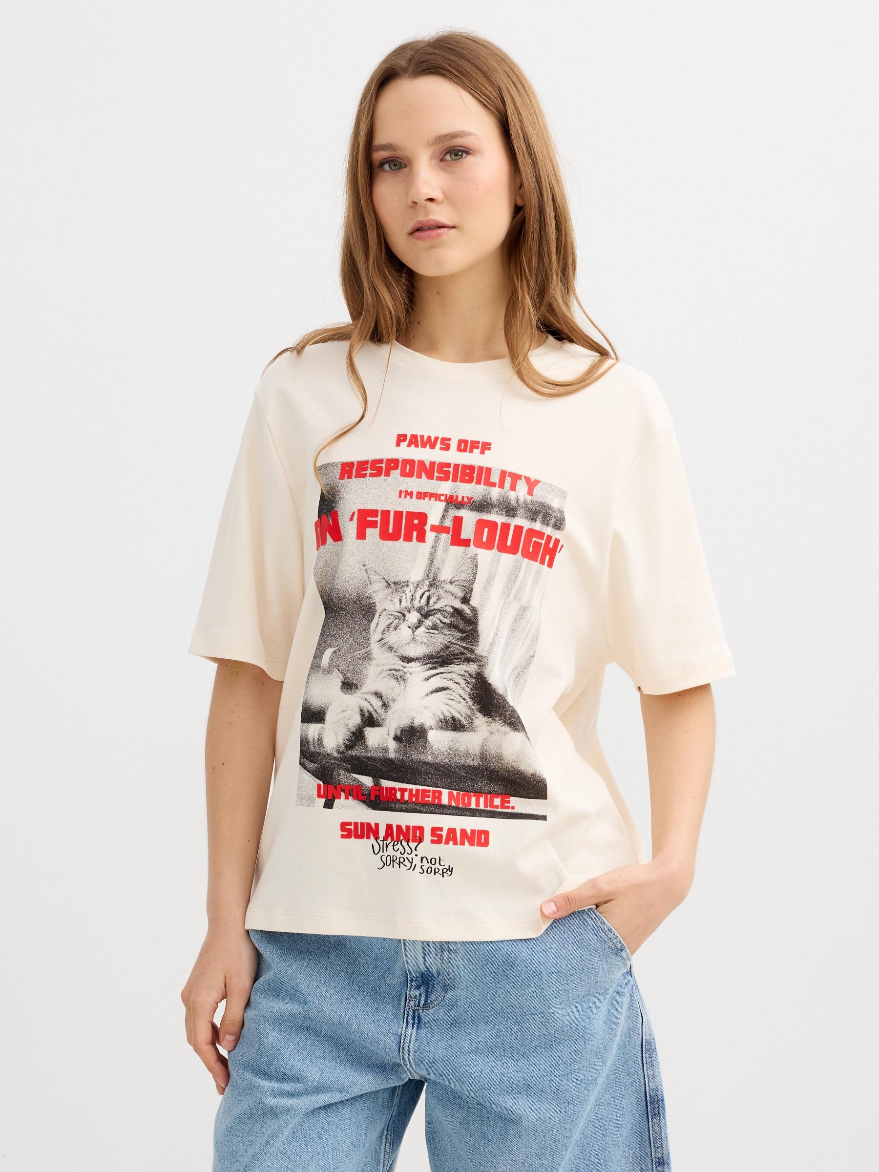 Camiseta oversize de algodón con cuello redondo y estampado frontal de gato con gráficos en contraste XL INSIDE