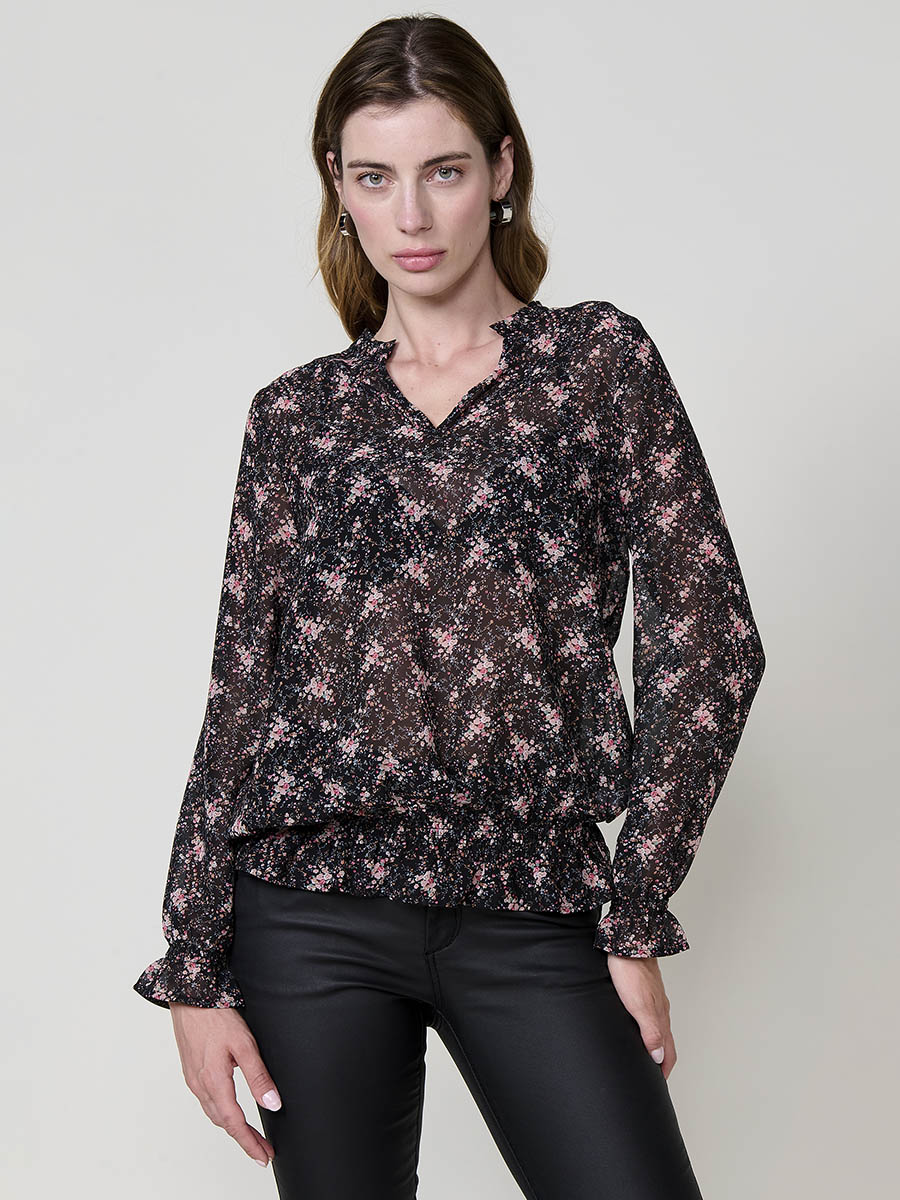 Koroshi - Blusa semitransparente de mujer con estampado floral negro, escote en pico y volantes, manga larga con puños engomados, 100 % poliéster — ideal para looks urbanos diurnos o nocturnos