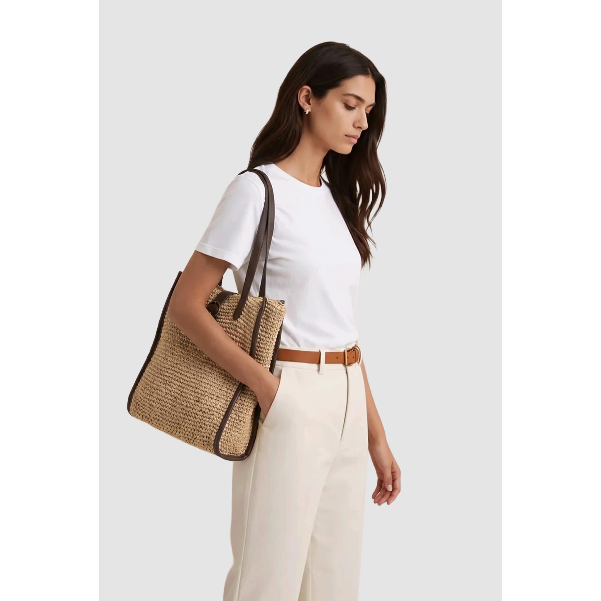 Bolso shopper Marca BanBat grande de efecto rafia con ribetes y asas en efecto piel premium, interior de algodón con bolsillo, 30x40x10 cm para oficina y verano- REF: MA2027