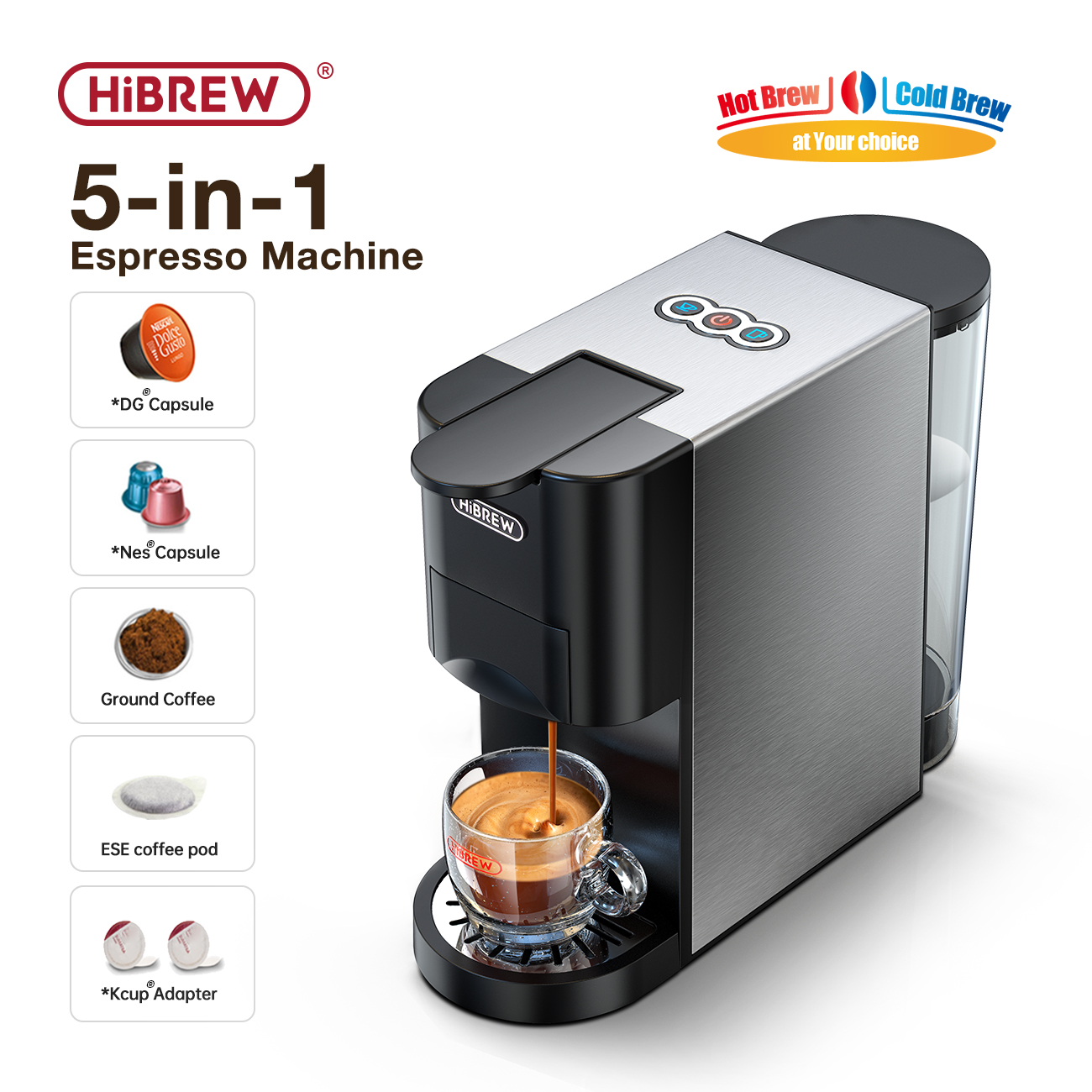HiBREW H3A,5 in 1 Universal Capsule Coffee Machine,Dual extraction system,19Bar high extraction,Multiple compatibility,Adjust coffeestrength manually,1000ml removable water tank,Anti-dry protection