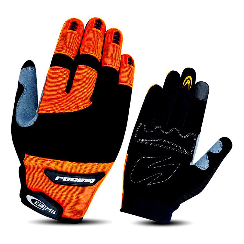 GES | Guantes Largos Racing  Naranja Flúor-Negro  - Cuero sintético, duradero y confortable en la palma Malla duradera con protecciones en la parte superior Malla flexible en los dedos para una mejor
