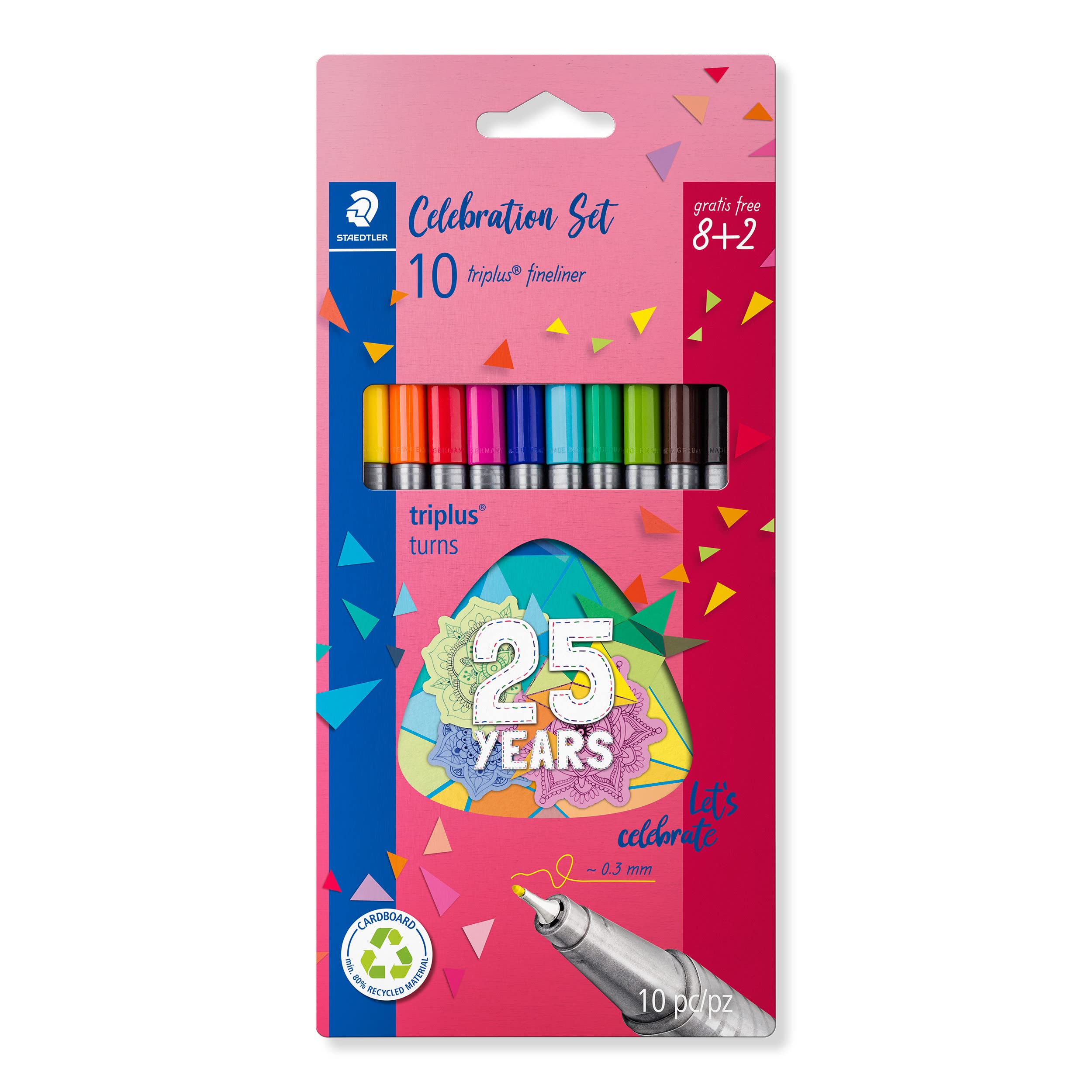 STAEDTLER 334 BK10TA Triplus Fineliner Limited Edition - Rotulador de punta de fibra, 0,3 mm, colores surtidos (paquete de 8 + 2 gratis)