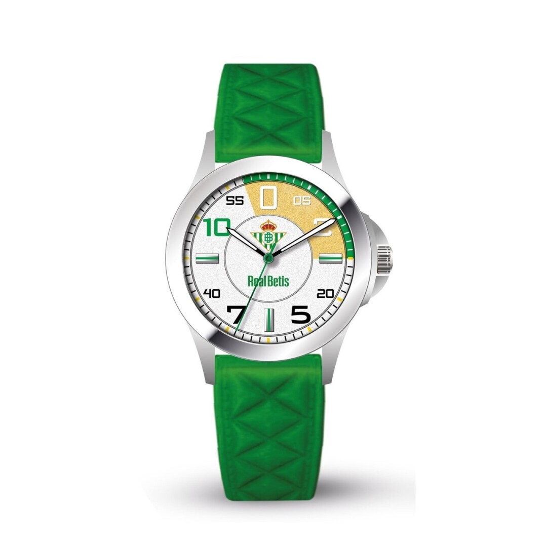 Reloj adulto/cadete Real Betis Balompié | SEVA IMPORT - Artículo oficial del equipo, color verde, correa de silicona, esfera y números grandes con detalles en dorado