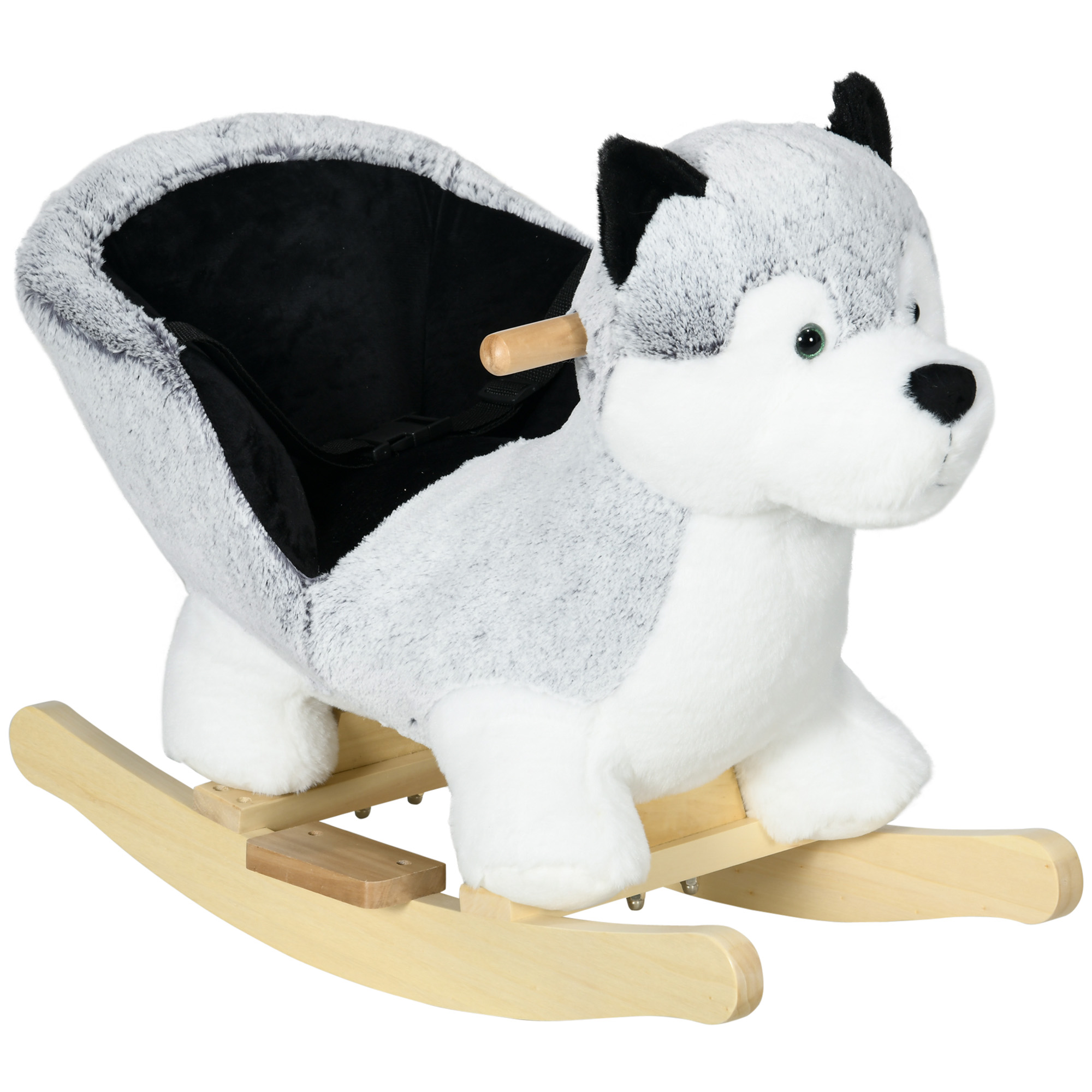 HOMCOM Caballo Balancín para Niños de 18-36 Mesas Forma Perro Husky Caballo de Juguete con Sonido Asas Cinturón de Seguridad y Base de Madera Carga 40 kg 60x33x50 cm Gris